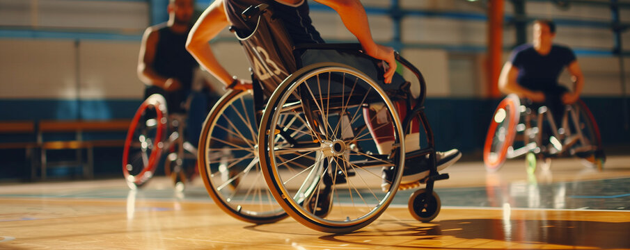 Intense Wheelchair Basketball Game on an Indoor Court with Team Effort