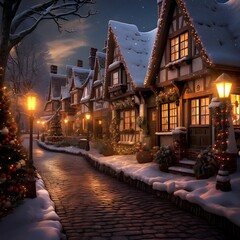 Winter night in the village. Festive Christmas and New Year background.