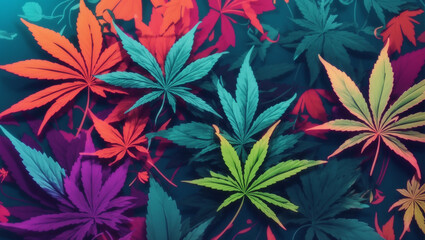 This is a photo of multicolored cannabis leaves with the colors pink, purple, green, yellow, and orange.

