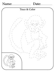 Monkey Printable Activity Page for Kids. Educational Resources for School for Kids. Kids Activity Worksheet. Trace and Color the Shape