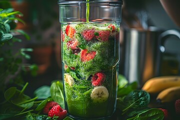 Healthy Green Smoothie with Fresh Spinach, Strawberries, Bananas, and Raspberries for Nutritious...