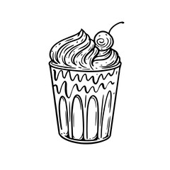 Handdrawn black and white cupcake sketch featuring a cherry topping and an artistic appeal