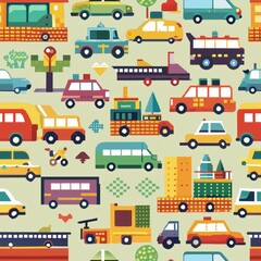 Seamless pattern of pixelated vehicles like cars, bicycles, and airplanes, perfect for wrapping gifts for transportation enthusiasts, Generative AI