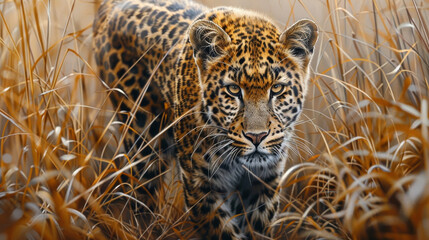 Intense wild leopard portrait in natural habitat with golden grass
