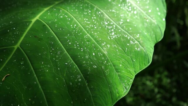 The green leaves of elephant ear plant or taro leaves with water drop in the tropical forest