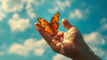 A hand releasing a butterfly into the sky, symbolizing freedom, environmental care, and the impact of reducing carbon emissions on World Earth Day