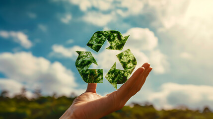 A hand holding a green recycling symbol against a bright sky, representing the importance of recycling in environmental care and carbon reduction