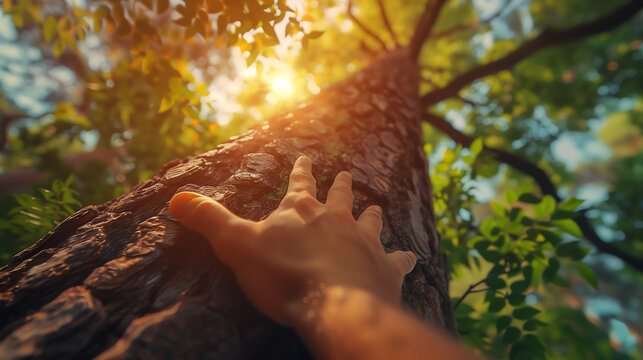 A hand touching a tree trunk with the sky in the background, symbolizing the connection between humans and nature, and the need to decrease carbon emissions