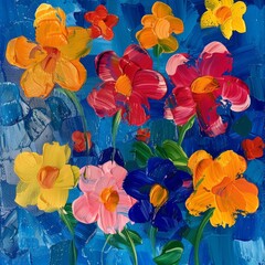 The painting depicts vibrant flowers set against a blue backdrop