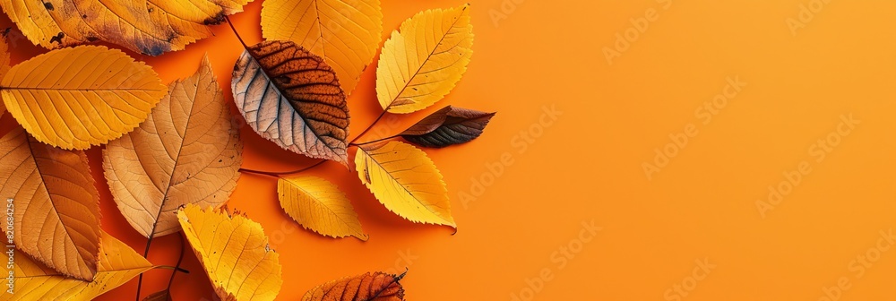 Aufkleber aerial view of vibrant autumn leaves on orange background with generous area for adding text