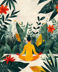Mindful yoga practice illustration in a tranquil tropical setting