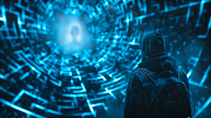A male wearing blue hoodie standing in front of glowing blue tunnel, A hacker infiltrating a secure system through a visual representation of a labyrinth