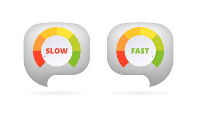 Slow and fast speedometer icons. Speech bubbles. Flat style. Vector icons