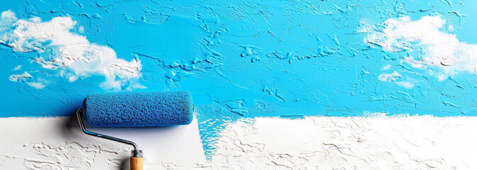 Blue paint roller transforming a white wall, artistic cloud simulation, renovation concept