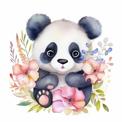 Isolated watercolor kawaii panda with flowers. Bamboo bear. China. Japan. Cute animals. Lazy bear. Panda drawing in watercolor style. Texture.