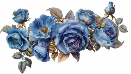 Vintage illustration of blue roses on a transparent background