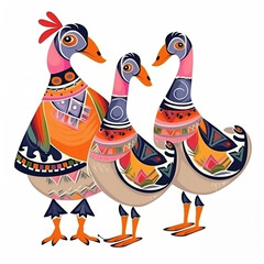 Fantasy colored geese. Cute kawaii fairy geese. For printing on T-shirts, hoodies. Logo, icon. Wild birds.