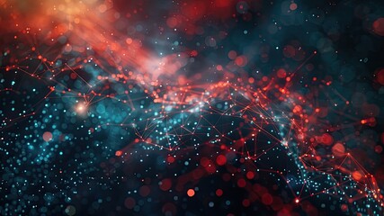 Digital abstract background with themes of technology, AI, neural networks, and cybersecurity. Ideal for scientific studies, wallpaper, or backdrop, featuring dark colors and copy space.