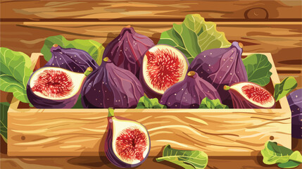 Board and box with fresh ripe figs on wooden background