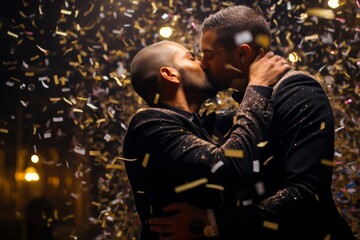Romantic atmosphere of New Year's Eve with captivating photos of a gay couple sharing a passionate kiss at the stroke of midnight, surrounded by confetti and cheers