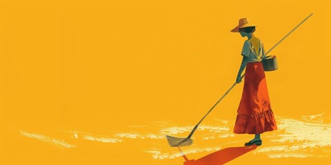 a woman sweeping with yellow background