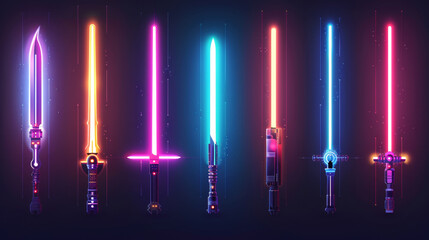 Futuristic light sabers set with glowing neon lasers in multiple vibrant colors