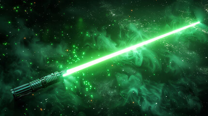 Illuminated green lightsaber against a cosmic background with stars and nebulae