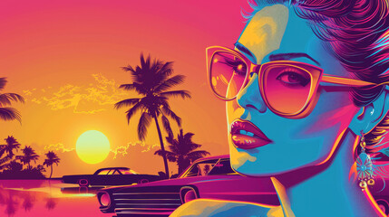 Stylish vector art of woman with vibrant summer background featuring sunset and palm trees