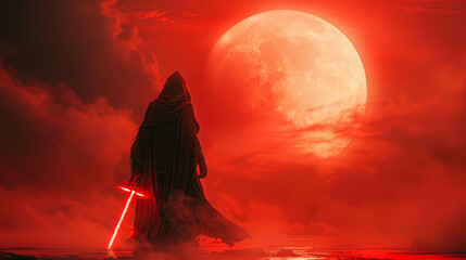 Mysterious warrior with a red lightsaber under a glowing moon in a dark, misty landscape