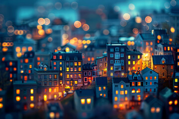 Tilt-shift photo of a cityscape at night with illuminated buildings creating a magical scene
