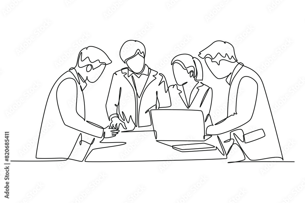 Poster single continuous line drawing young happy startup workers facing laptop computer to listen the ceo 