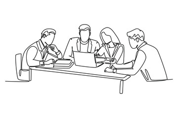 Continuous one line drawing of young happy female CEO presenting new technology innovation to the members at the office. Startup work life concept. Single line draw design vector graphic illustration