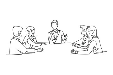 Single continuous line drawing of young male and female sales managers meeting to discuss company goal target at the office. Sales marketing strategy. One line draw graphic design vector illustration