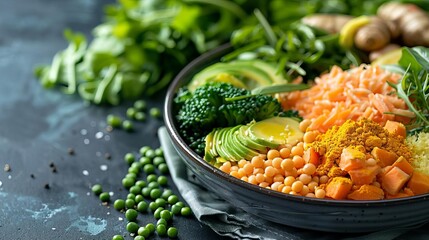 Antiinflammatory meal Top view of a meal designed to reduce inflammation, featuring turmeric, ginger, and omegarich foods  Inflammation Fight  Futuristic tone  Pastel colors