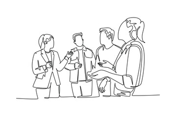 Single continuous line drawing of project manager explain company business process to young male and female apprentices at office. Business internship. One line draw graphic design vector illustration