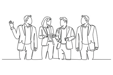 Single one line drawing young male and female employees have a little chat while a working break at the head office. Workers daily life. Modern continuous line draw design graphic vector illustration