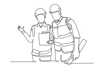 Single one line drawing young construction manager do short brief to builder coordinator on site. Building architecture business concept. Modern continuous line draw design graphic vector illustration