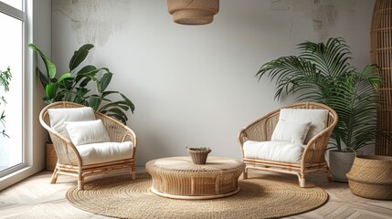 Cozy interior design with wicker furniture and potted plant