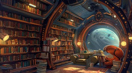 Avid book readers enjoying a floating library inside a spaceship, soft ambient lighting, digital painting