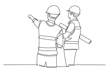 Single one line drawing young company manager presenting proposal construction plan to investor. Building architecture business concept. Modern continuous line draw design graphic vector illustration