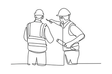 Obraz premium Continuous one line drawing of young foreman construction builder meeting with business owner talking building facility. Building architecture business. Single line design vector graphic illustration