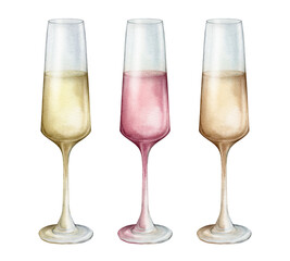 Watercolor illustration with glasses of wine and champagne set on white background. Red and white wine glass watercolor illustration. Hand drawn realistic fresh alcohol beverage element.