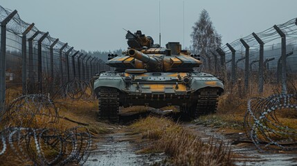 Fototapeta premium A tank is parked on the grass in front of a barbed wire fence covered with barbed wire and meters of sharp blades. Generative AI.