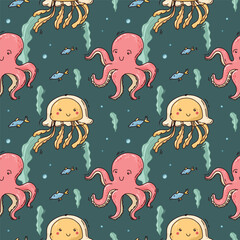 cute vector seamless pattern of octopus and jellyfish