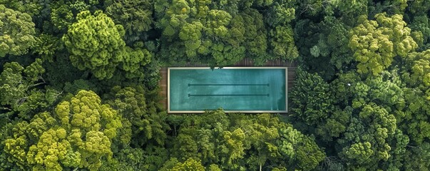 Aerial shot of a rectangular swimming pool in the middle of a forest, an unexpected oasis of freedom in nature