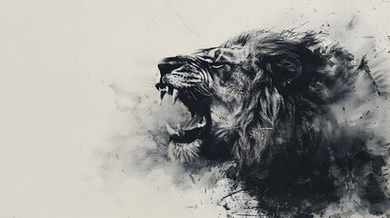 Powerful frontal portrait of a ferocious roaring lion against a minimalist abstract ink-like background,capturing the essence of its raw strength and © Neural Canvas