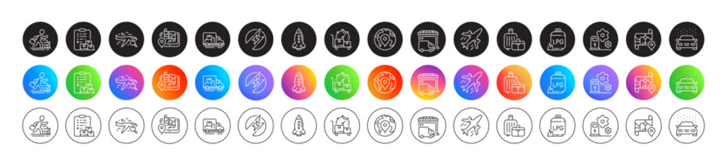 Fast delivery, Truck transport and Plane line icons. Round icon gradient buttons. Pack of Search flight, Gas cylinder, Map icon. Charging station, Rocket, Delivery truck pictogram. Vector