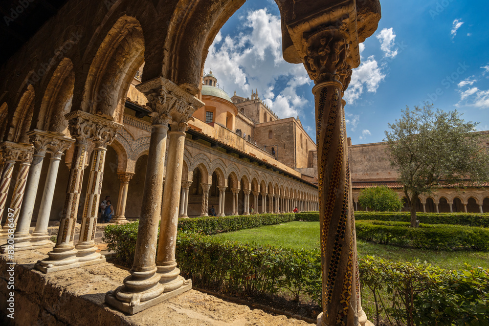 Wall mural monreale, italy 16 june, 2023 - benedictine cloister in monreale, province of palermo, sicily, italy