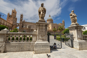 PALERMO, ITALY, JUNE 15, 2023 - View of Palermo Cathedral or Duomo dedicated to the Holy Virgin Mary of the Assumption in the historic center of Palermo, Italy