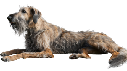 Regal Irish Wolfhound lying down gracefully on a transparent background